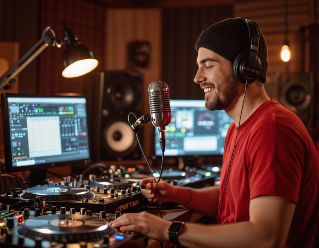 Deejay mixing in a radio studio